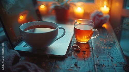 A photo of an open macbook on a desk, next to it is a pair of silver rings and a cup with tea or coffee.