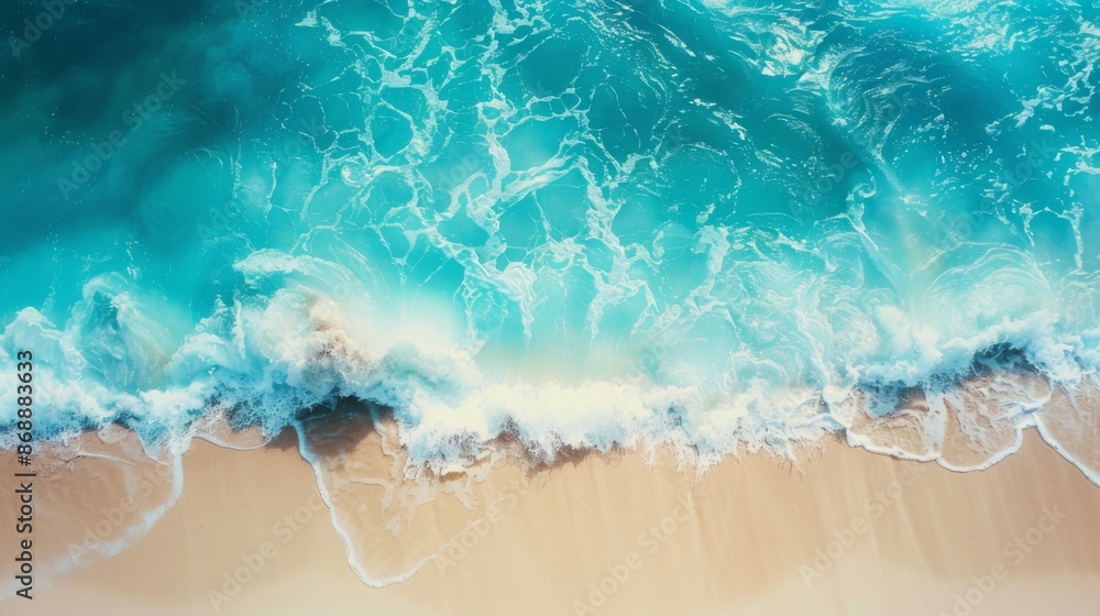 A stunning aerial photo captures turquoise waves gently crashing on a pristine sandy beach, emphasizing the beauty and serenity of the ocean in a bright and sunny day. A stunning aerial photo captures turquoise waves gently crashing on a pristine sandy beach, emphasizing the beauty and serenity of the ocean in a bright and sunny day.