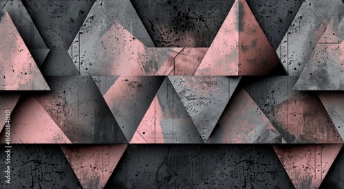 Abstract Geometric Design on Concrete Wall With Pink, Black, and White Triangles