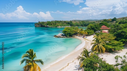 A beautiful beach scene featuring crystal-clear turquoise waters, white sandy shores, and lush green foliage in the background under a bright blue sky.