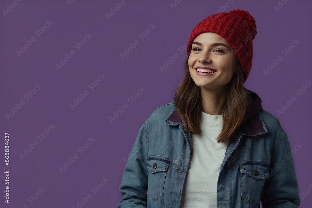 Woman with smile on her face next to an empty space on dark purple background. Beautiful woman in winter clothes. Space for advertising text. Woman with smile on her face next to an empty space on dark purple background. Beautiful woman in winter clothes. Space for advertising text.