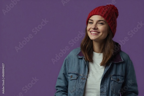 Woman with smile on her face next to an empty space on dark purple background. Beautiful woman in winter clothes. Space for advertising text.