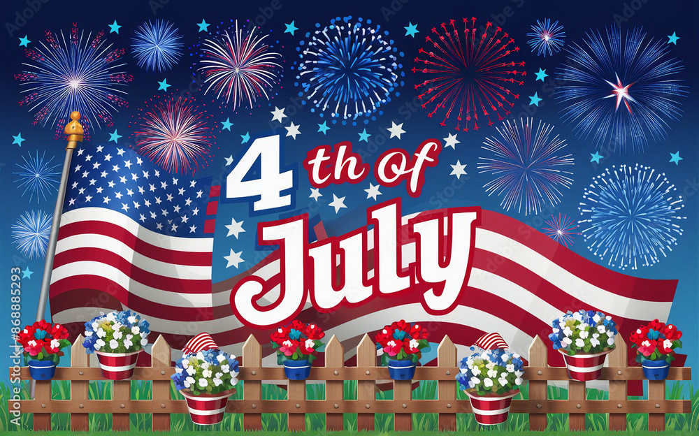 Fototapeta premium festive 4th of July design element featuring a rich blue sky adorned with an array of fireworks bursting in various colorsand shapes