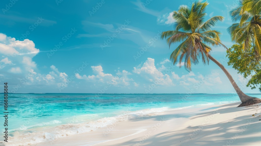 Palm trees lean over a pristine white sand beach with a clear blue sky and inviting ocean, creating a quintessential view of tropical paradise. Perfect for relaxation. Palm trees lean over a pristine white sand beach with a clear blue sky and inviting ocean, creating a quintessential view of tropical paradise. Perfect for relaxation.
