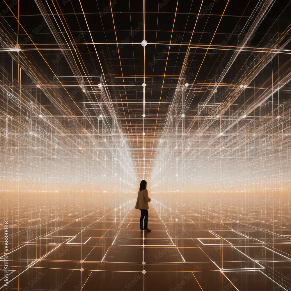 Obraz premium Modern Art Installation of Illuminated Geometric Structures Creating a Futuristic Maze-Like Environment with a Person Walking Inside
