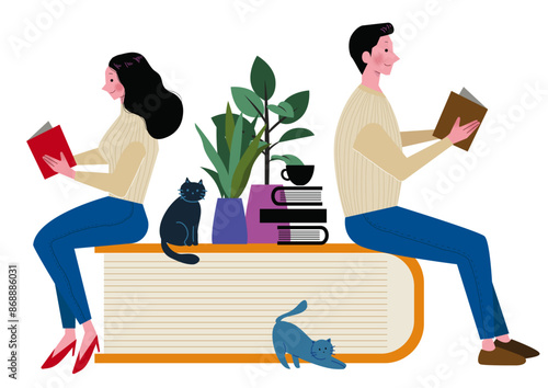 フラットでシンプルな大きな本に座って読書をする大人の男女のイラスト