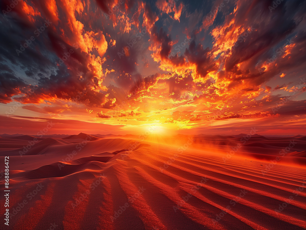 Sand Grains Gliding Across a Fiery Desert at Sunrise: A Scenic Chaos Sand Grains Gliding Across a Fiery Desert at Sunrise: A Scenic Chaos