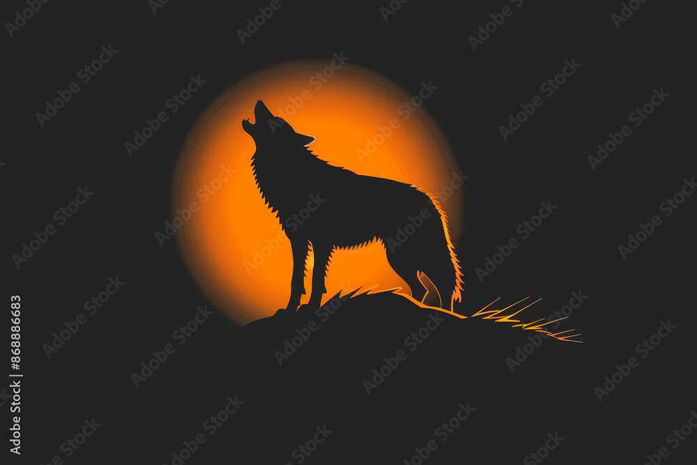 Fototapeta premium Wolf's silhouette in timeless howling stance emerges from darkness as captivating emblem.