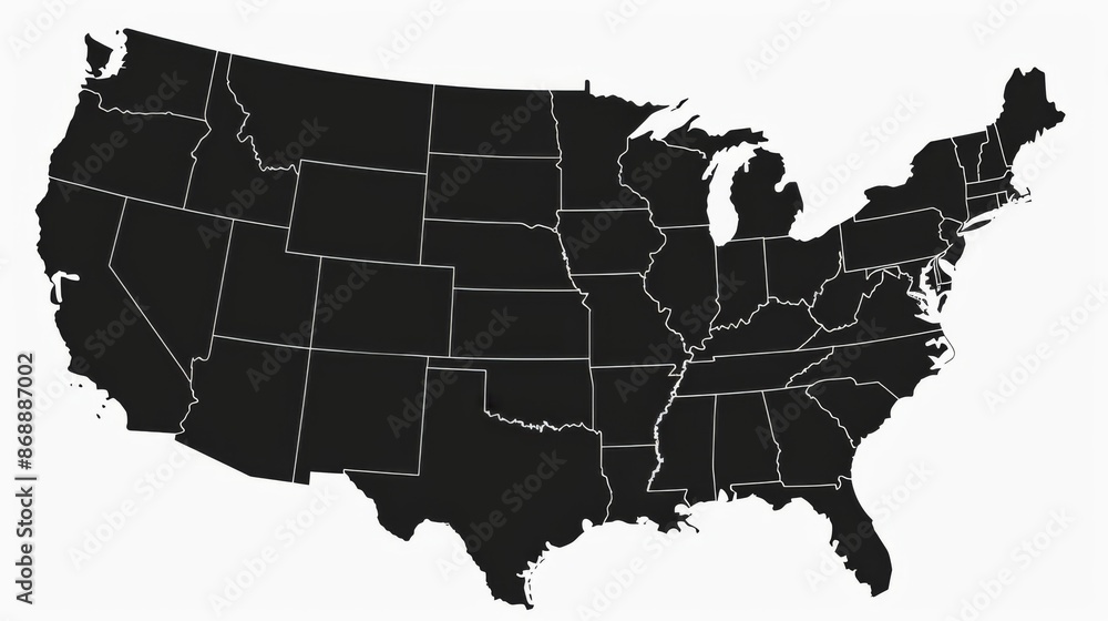 custom made wallpaper toronto digitalA black map of the United States showing all the states clearly outlined in white, depicting individual state borders within the entire country for geographic reference.