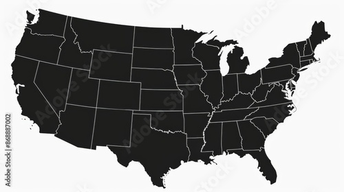 A black map of the United States showing all the states clearly outlined in white, depicting individual state borders within the entire country for geographic reference.