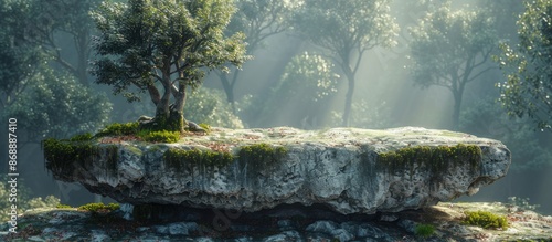 Majestic Tree on Floating Rock in Mystical Forest photo