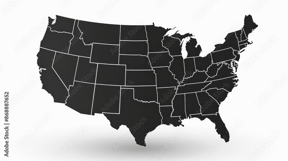 custom made wallpaper toronto digitalThis image presents a black silhouette of the United States map with neatly outlined state borders, emphasizing geographical boundaries and the nation's unity.