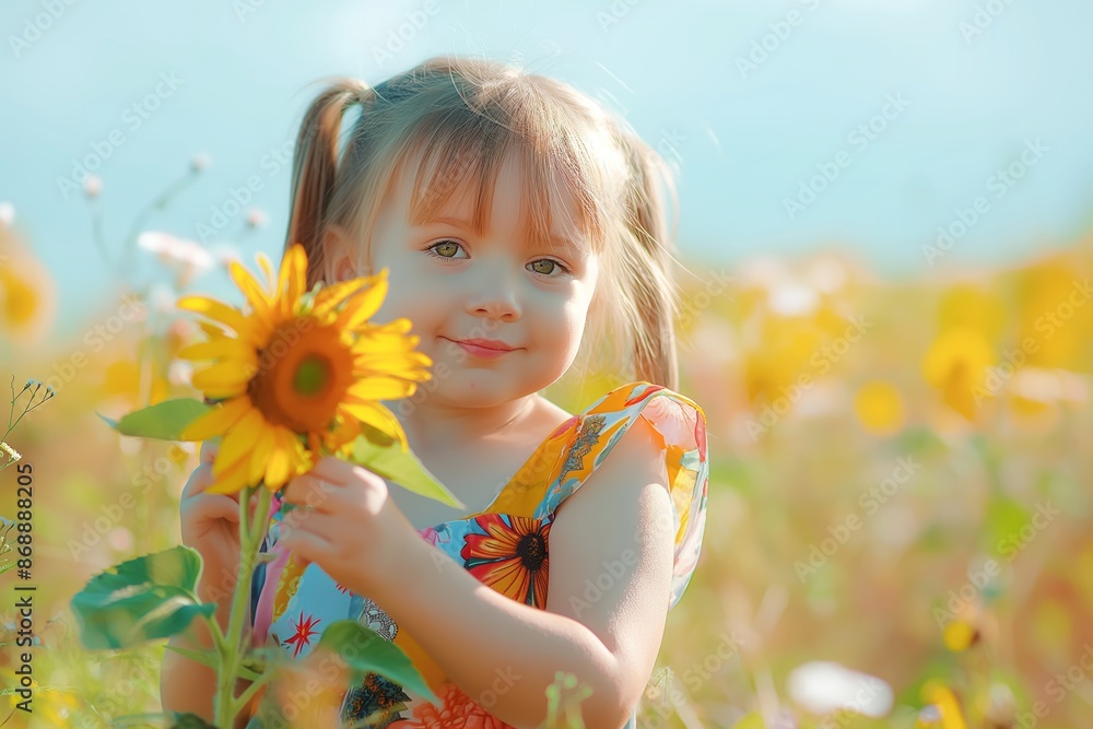 Little girl with a sunflower in a field. Little girl with a sunflower in a field.