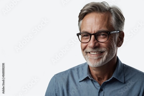 Mature man with smile on face next to empty space on white background. Handsome man with space for advertising text.