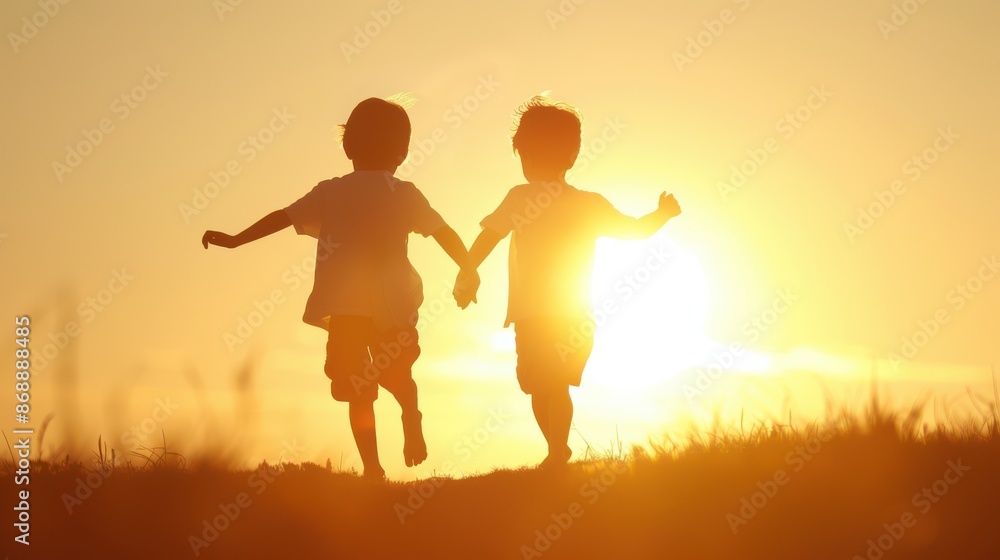 Fototapeta premium Silhouette of a childs enjoying sunset on the beach, depicting love and happiness