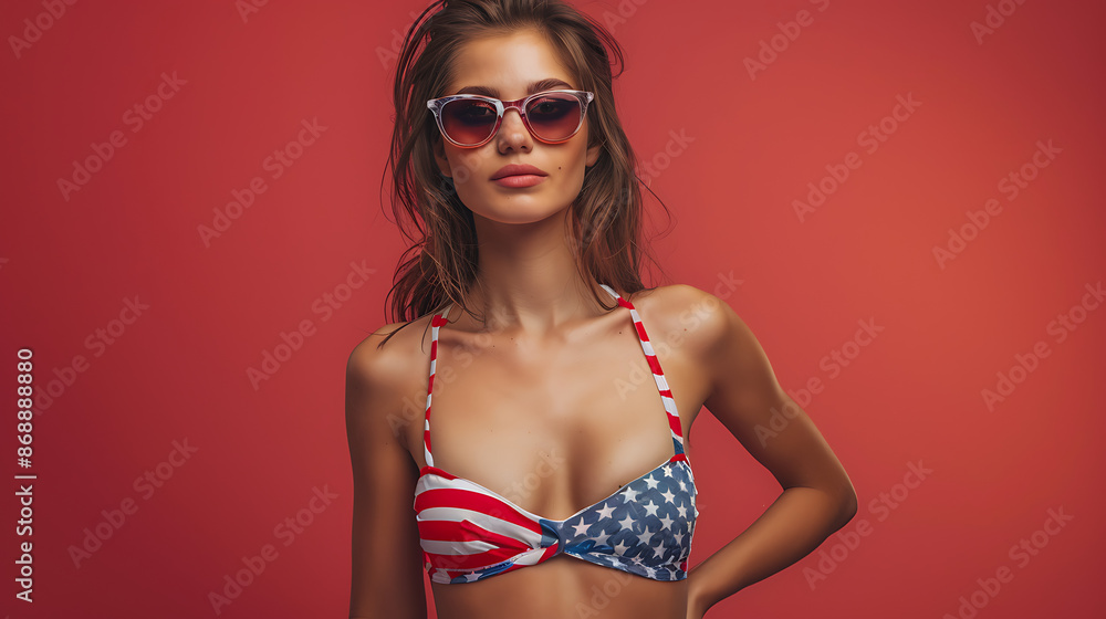 Naklejka premium American Flag Bikini Woman in red white and blue Swimwear, 4th of july, patriotic, memorial day, labor day, celebrating the USA 