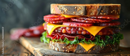 Salami and Cheese Sandwich on a Rustic Wooden Board photo