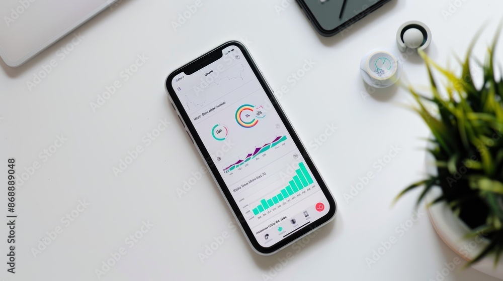 Businessman works in the background as a smartphone displays financial market data with charts and graphs Businessman works in the background as a smartphone displays financial market data with charts and graphs