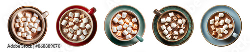 Collection cup of hot chocolate with marshmallows isolated on a transparent background, top view, cut out, PNG