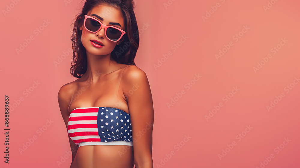 Fototapeta premium American Flag Bikini attractive beautiful pretty Woman in red white and blue Swimwear, 4th of july, patriotic, memorial day, labor day, celebrating the USA, 