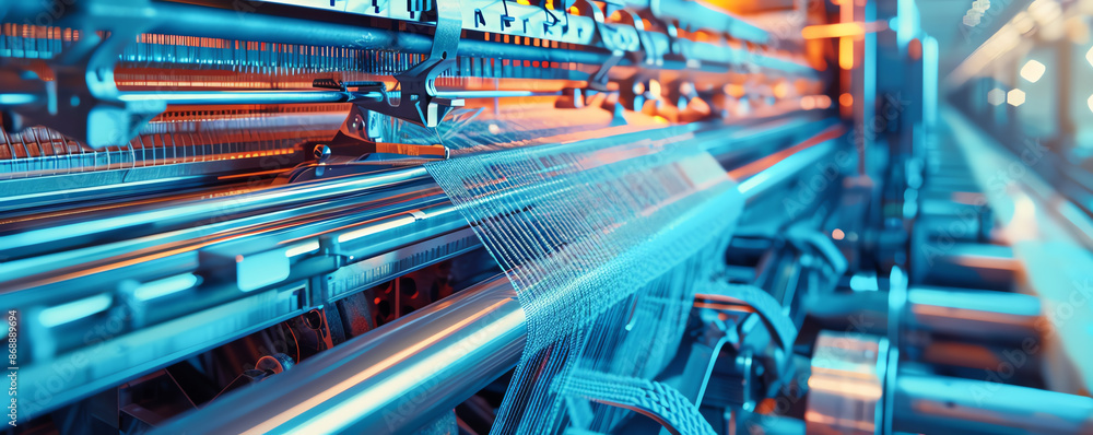 Textile production machinery, weaving machine, blue structure, detailed view Textile production machinery, weaving machine, blue structure, detailed view