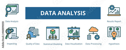 Data Analysis Lineal Color Banner Web Icon Set Vector Illustration, Data Analysis Inspecting Quality of Data Statistical Modeling Data Visualization Data Processing Hypothesis Results Data
