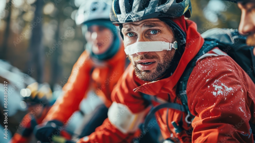 A man with a bandaged nose and a red jacket is looking at the camera A man with a bandaged nose and a red jacket is looking at the camera