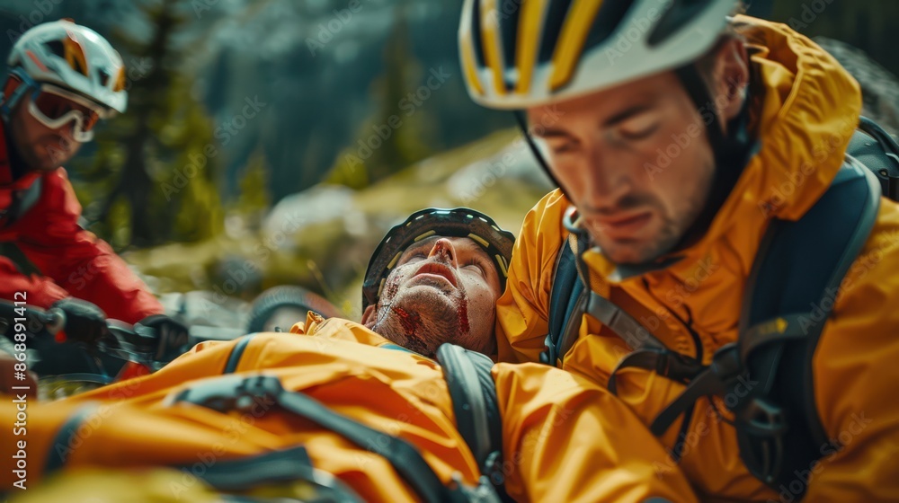 A man in a yellow jacket is being helped by two other men A man in a yellow jacket is being helped by two other men