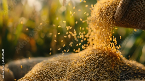 A person is pouring a large amount of yellow grains into a bag