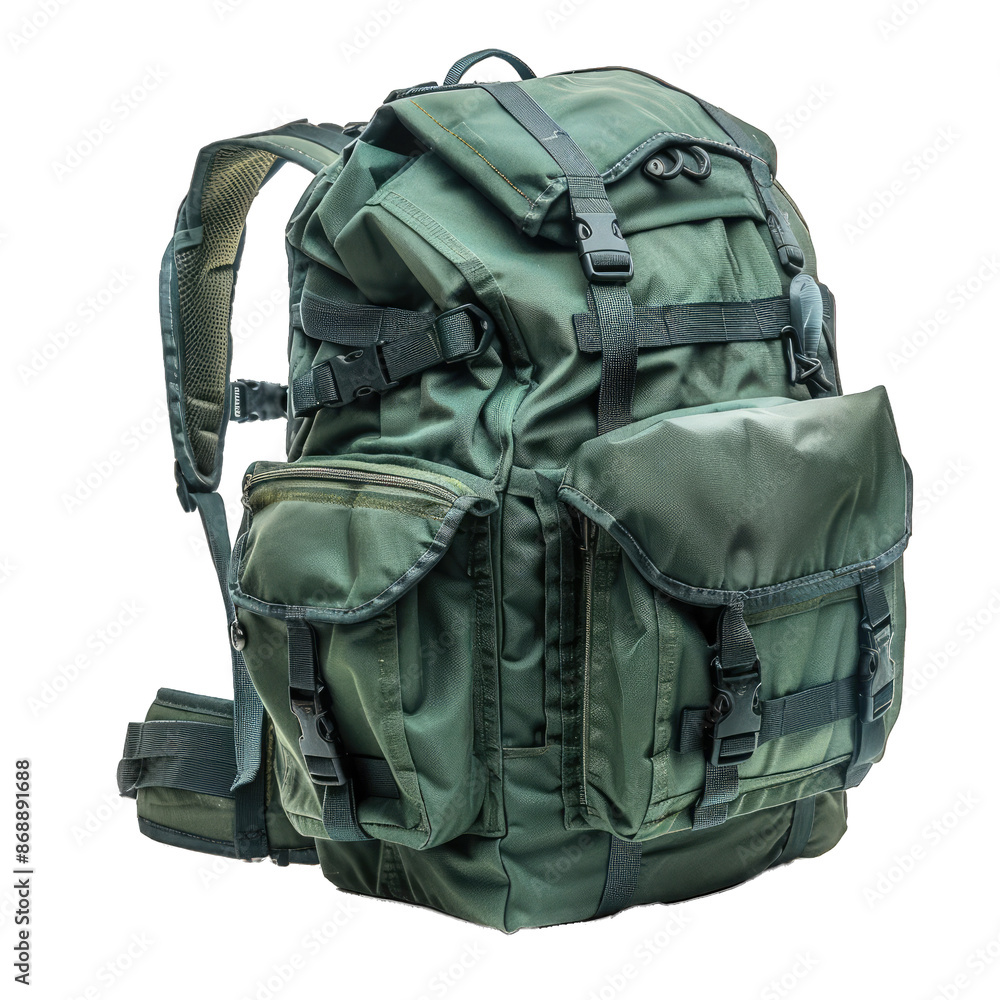 Green Hiking Backpack Background Multiple Compartments Adjustable Padded Straps Water Bottle Holder Breathable Fabric Panels.. Isolated on a Transparent Background. Cutout PNG. Green Hiking Backpack Background Multiple Compartments Adjustable Padded Straps Water Bottle Holder Breathable Fabric Panels.. Isolated on a Transparent Background. Cutout PNG.