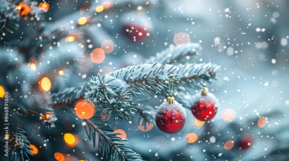 A Christmas tree with red and white ornaments hanging from its branches