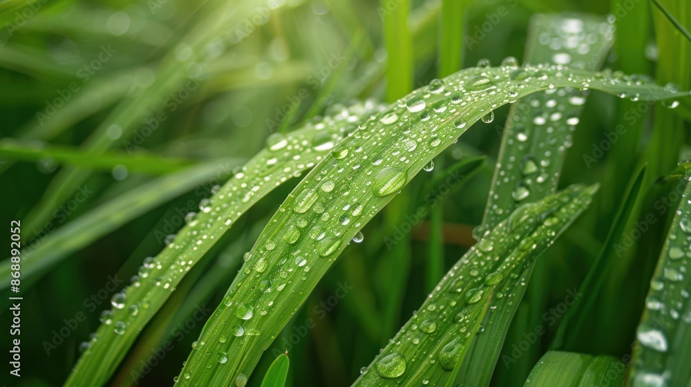 A lush green field with droplets of water on the leaves A lush green field with droplets of water on the leaves