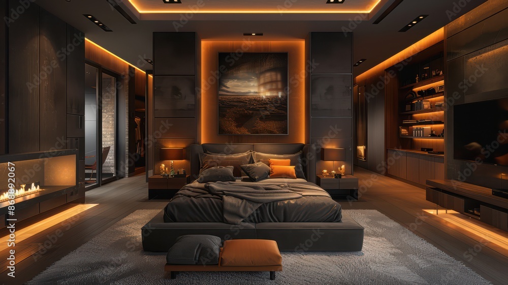 A large bedroom with a fireplace, a bed, and a painting on the wall A large bedroom with a fireplace, a bed, and a painting on the wall