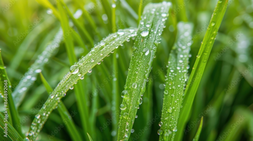 The grass is wet and shiny, with droplets of water on its leaves The grass is wet and shiny, with droplets of water on its leaves