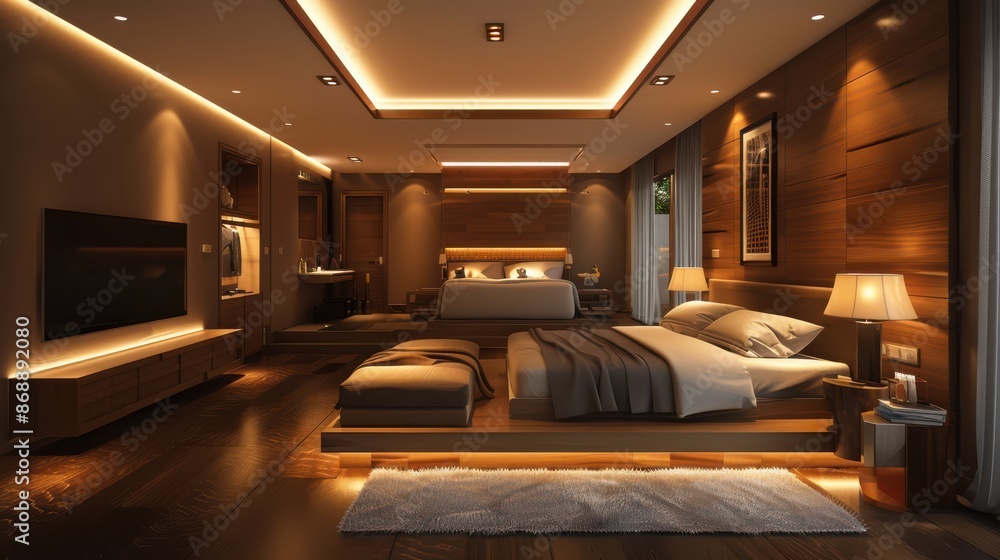 A large bedroom with a wooden floor and a wooden headboard A large bedroom with a wooden floor and a wooden headboard