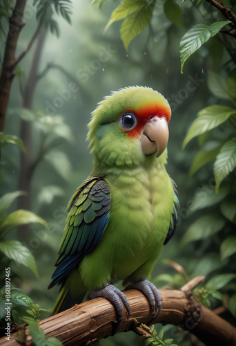 cute parrot sitting on a branch with wild rain forrest background