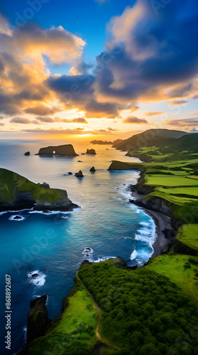 Panoramic Splendor: A Majestic View of the Azores Archipelago at Sunset