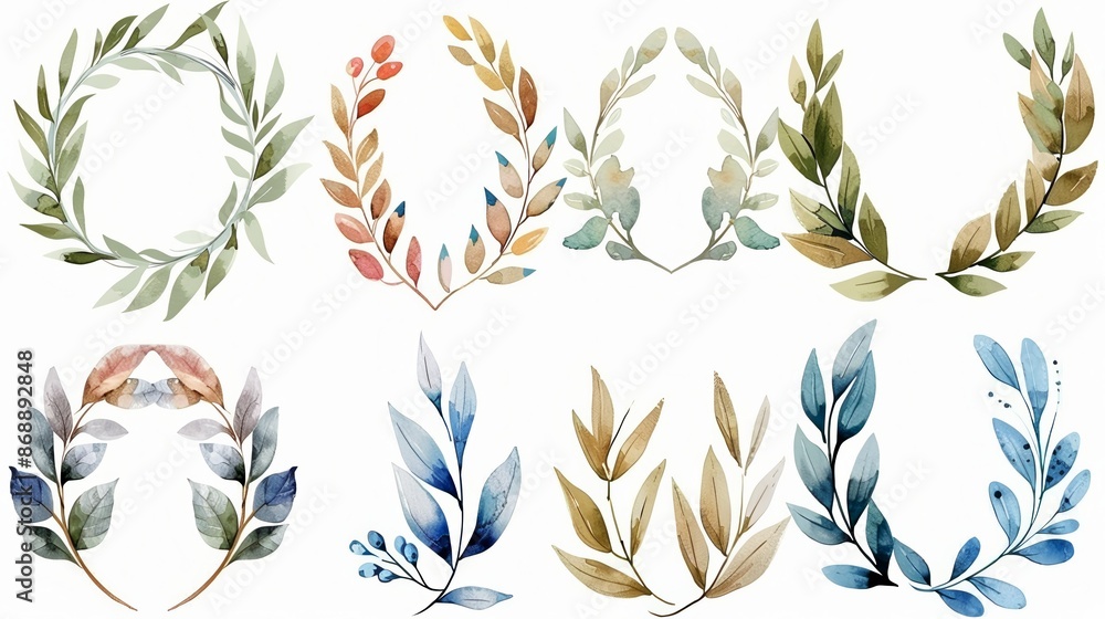 Fototapeta premium Colorful watercolor laurel wreaths isolated on white background