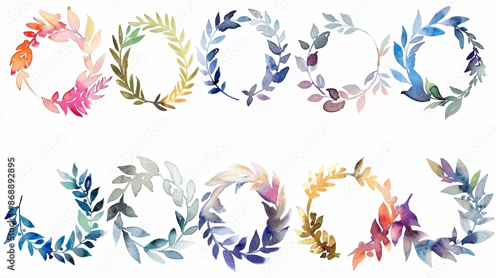 Fototapeta premium Colorful watercolor laurel wreaths isolated on white background