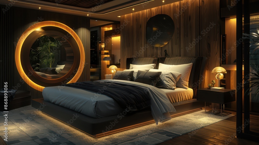 A bedroom with a large bed and a round mirror A bedroom with a large bed and a round mirror