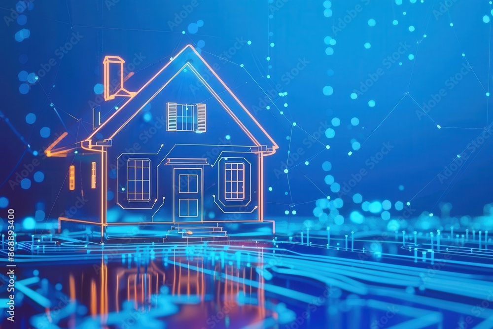 Evolution of Smart Homes: AI-Powered IoT Integration in Modern Living Space on Blue Background with Clear Light
