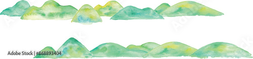 水彩画。水彩タッチの山ベクターイラスト。夏の森と新緑の山々。キャンプ素材。Watercolor painting. Mountain vector illustration with watercolor touch. Summer forest and fresh green mountains. Camping material.