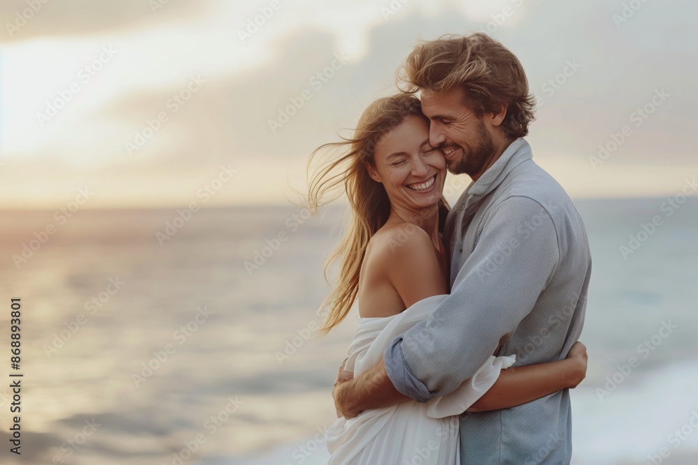 Young couple hugging on beach at sunset, romantic concept Young couple hugging on beach at sunset, romantic concept