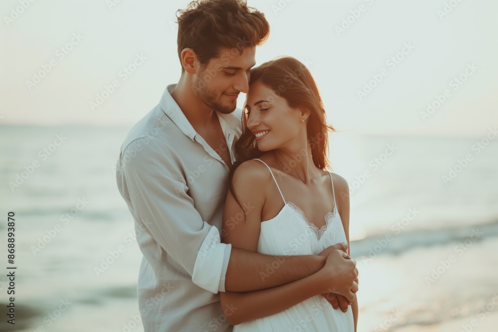 Young couple hugging on beach at sunset, romantic concept Young couple hugging on beach at sunset, romantic concept