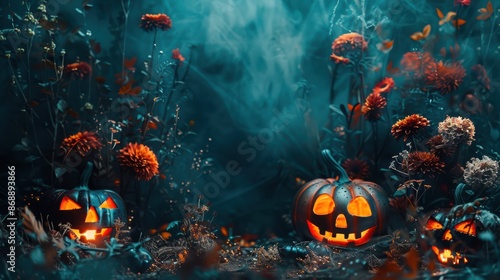 A Halloween scene with pumpkins and flowers