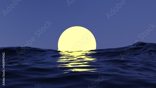 Full moon night atmosphere over the ocean with blue water