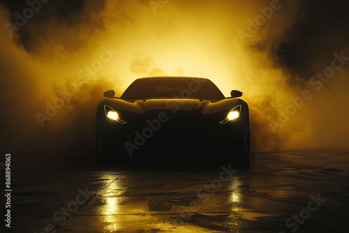 Silhouette front view of a black sports car in a foggy-toned background with glowing yellow lights in low light