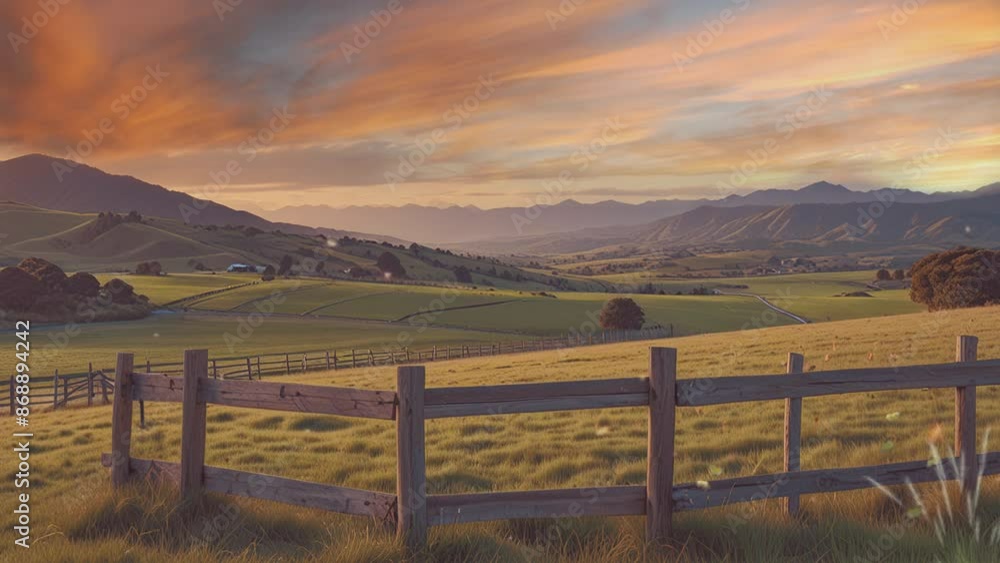 This video shows a rural pasture at sunset. There is a wooden fence in the foreground, with green fields and distant mountains in the background. The sky is a gradient of orange and yellow. This video shows a rural pasture at sunset. There is a wooden fence in the foreground, with green fields and distant mountains in the background. The sky is a gradient of orange and yellow.