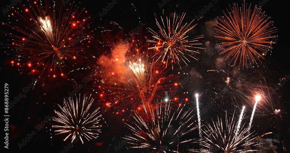 Fototapeta premium Red Firework celebrate anniversary happy new year 2024, 4th of july holiday festival. red firework in night time celebrate national holiday. Countdown to new year 2025 festival party time event