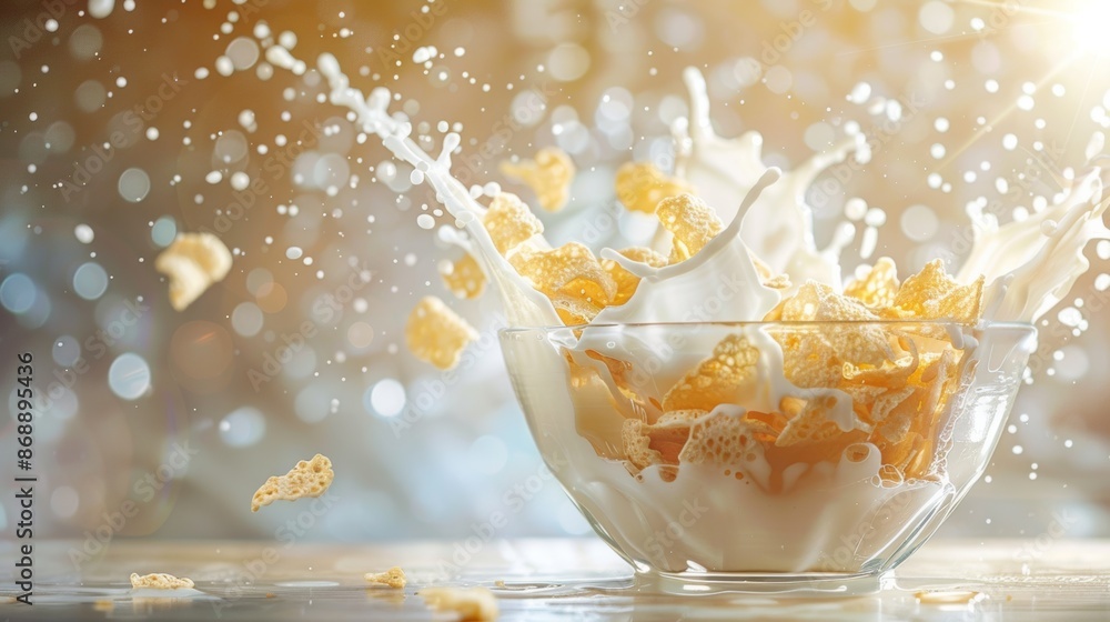 Dynamic splash of milk in a bowl of cornflakes, well-lit Dynamic splash of milk in a bowl of cornflakes, well-lit